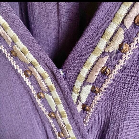 Free People Sequins Blouse Women Sz S Purple  Embroidered Long Puff Sleeves Boho - Picture 9 of 15